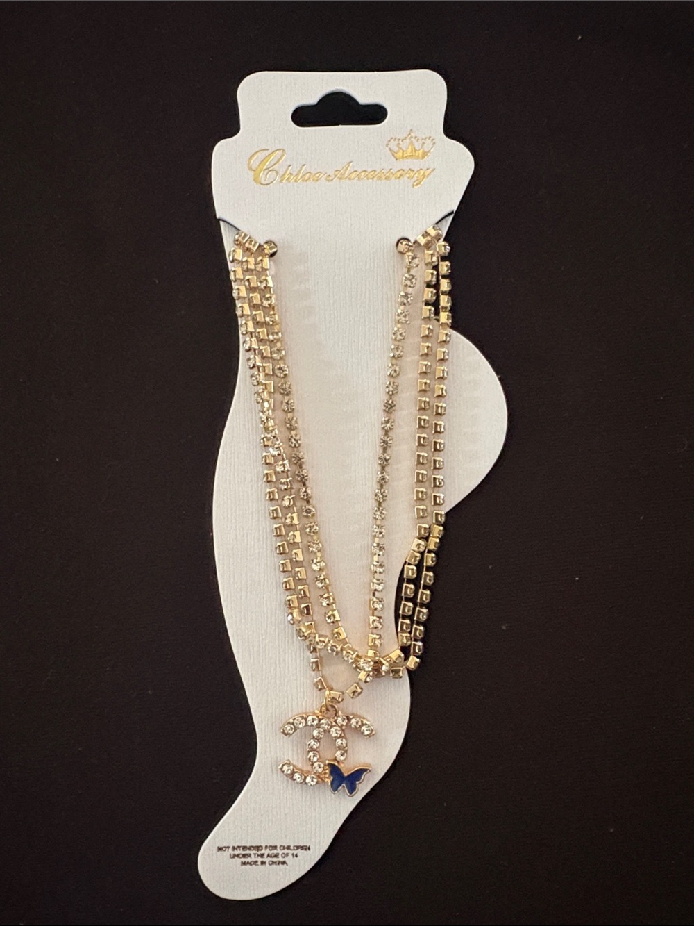 Gold-Tone Fashion Multi-Row Ankle Bracelet with Crystals And Blue Butterfly